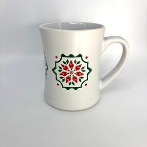 Siete Family Foods White Ceramic‎ Coffee Mug Red Green Holiday Snowflake